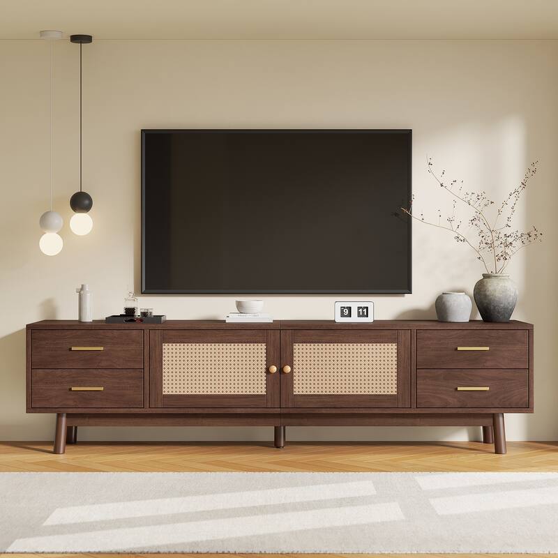 Modern 70" TV Stand with Rattan Doors for TVs up to 80", Media Console Entertainment Center with Drawers
