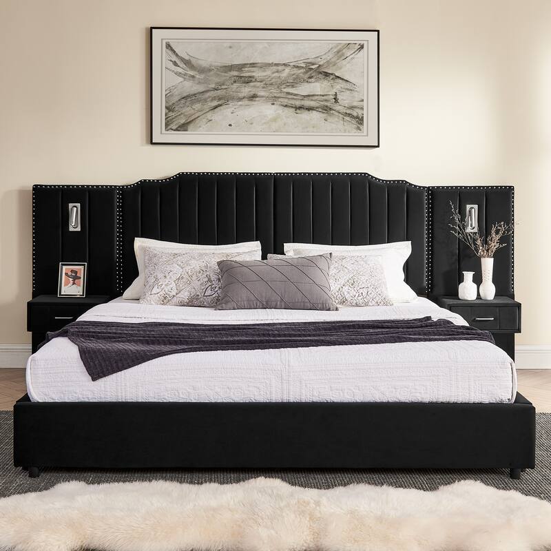 King/Queen Velvet Bed Frame with Vertical Stitch Headboard & Side Table
