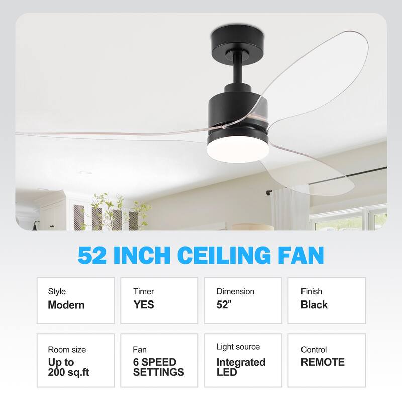 52'' Black Ceiling Fan With Led Lights And Remote Control