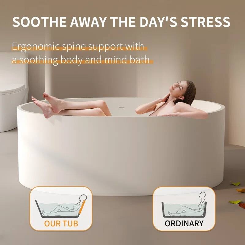 ABRUZZO 65'' x 34.25'' Freestanding Soaking Solid Surface Bathtub with Overflow and Pop-up Drain