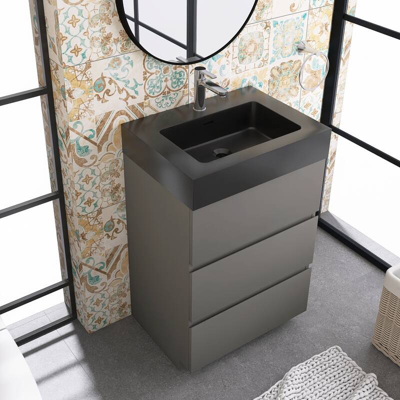 Freestanding Bathroom Vanity with Black Solid Surface Top