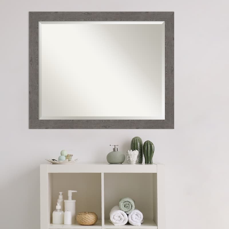 Beveled Bathroom Wall Mirror - Rustic Plank Grey Narrow Frame