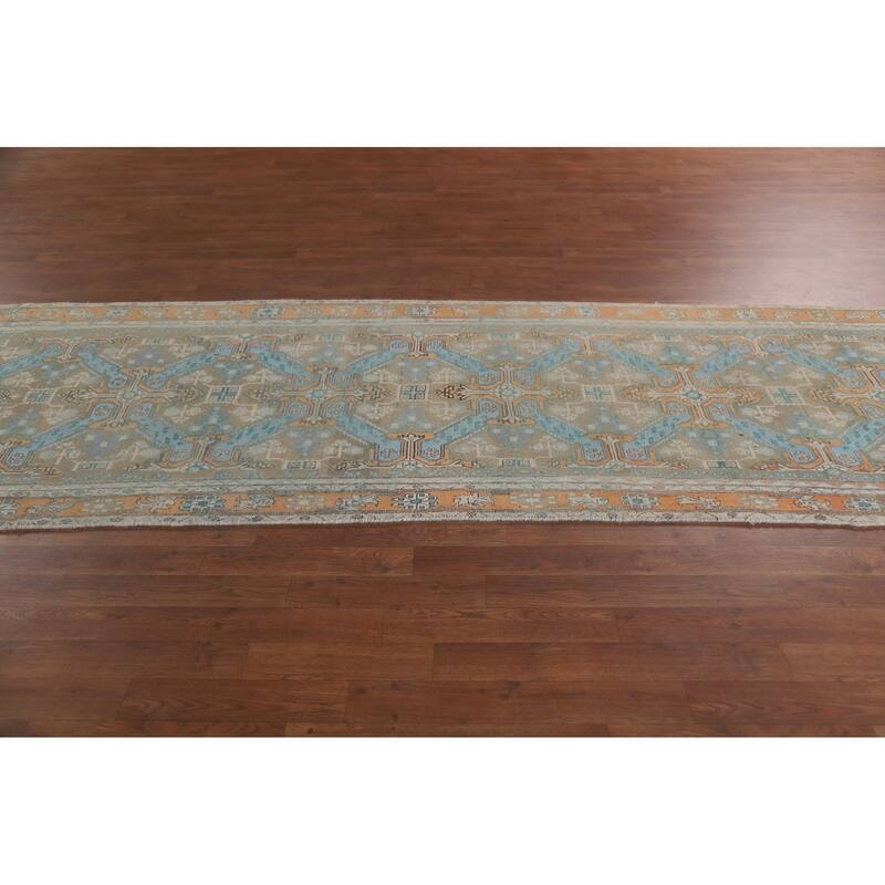 Hand Knotted Oriental 100% Wool Carpet Traditional All-Over Beige & Ivories Heriz Runner Rug - 10' 9'' X 3' 4''