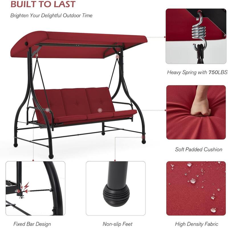 AECOJOY 3-Seat Porch Swing Chair, Patio Swing Chair w/ Cushions