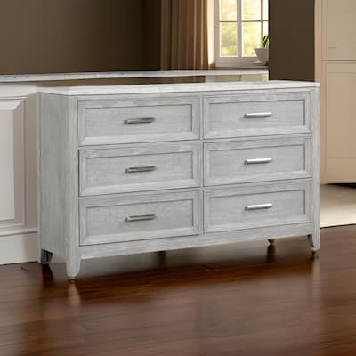 Ion 65 Inch Wide Dresser, 6 Drawers, White Marble Top, Farmhouse Gray Wood