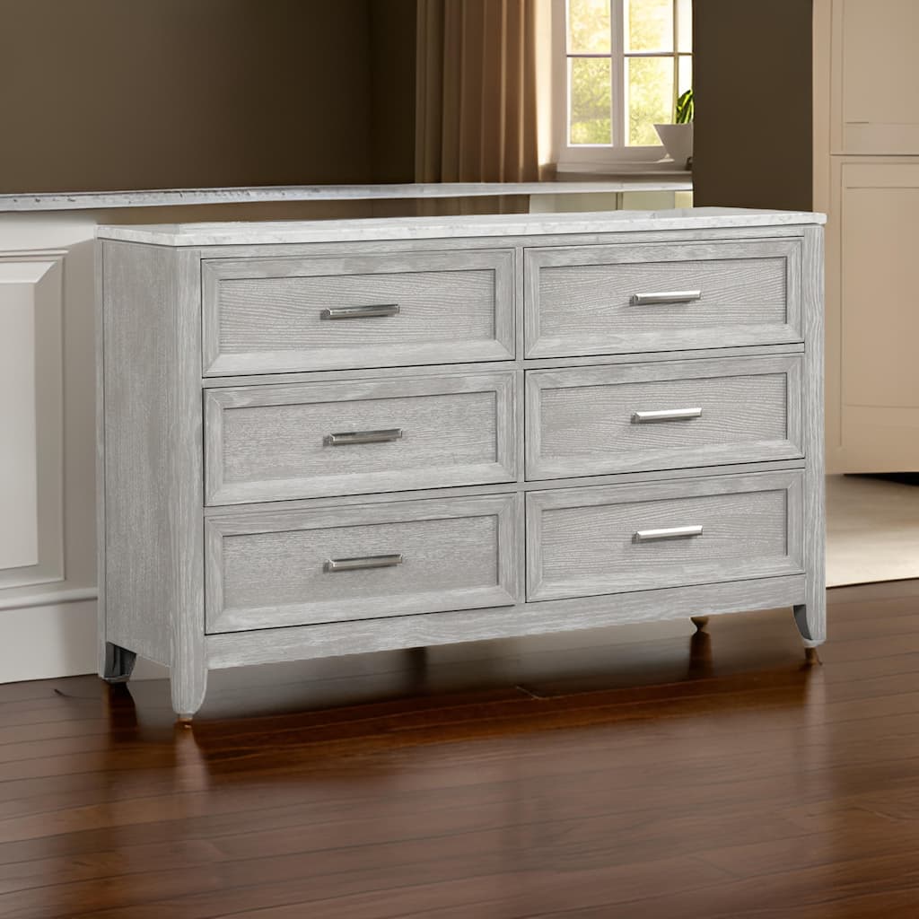 Ion 65 Inch Wide Dresser, 6 Drawers, White Marble Top, Farmhouse Gray Wood