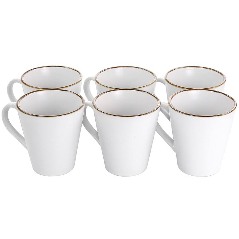 Elama Arthur 6 Piece Stoneware Mug Set in Matte White with Gold Rim