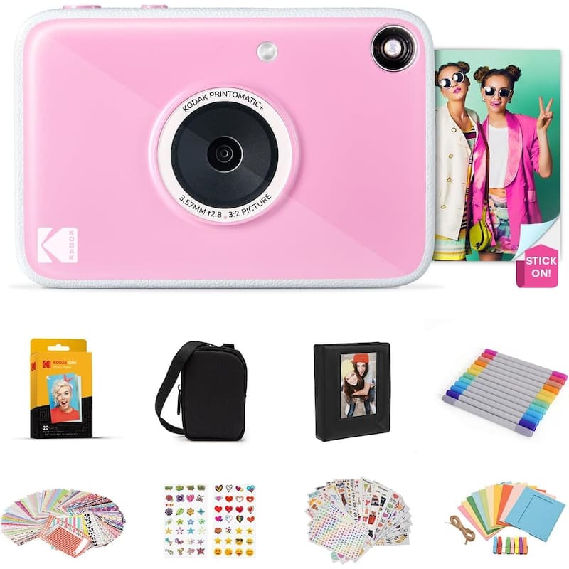 KODAK Printomatic+ Instant Camera Gift Bundle w/Case, Zink Paper & More - Pink