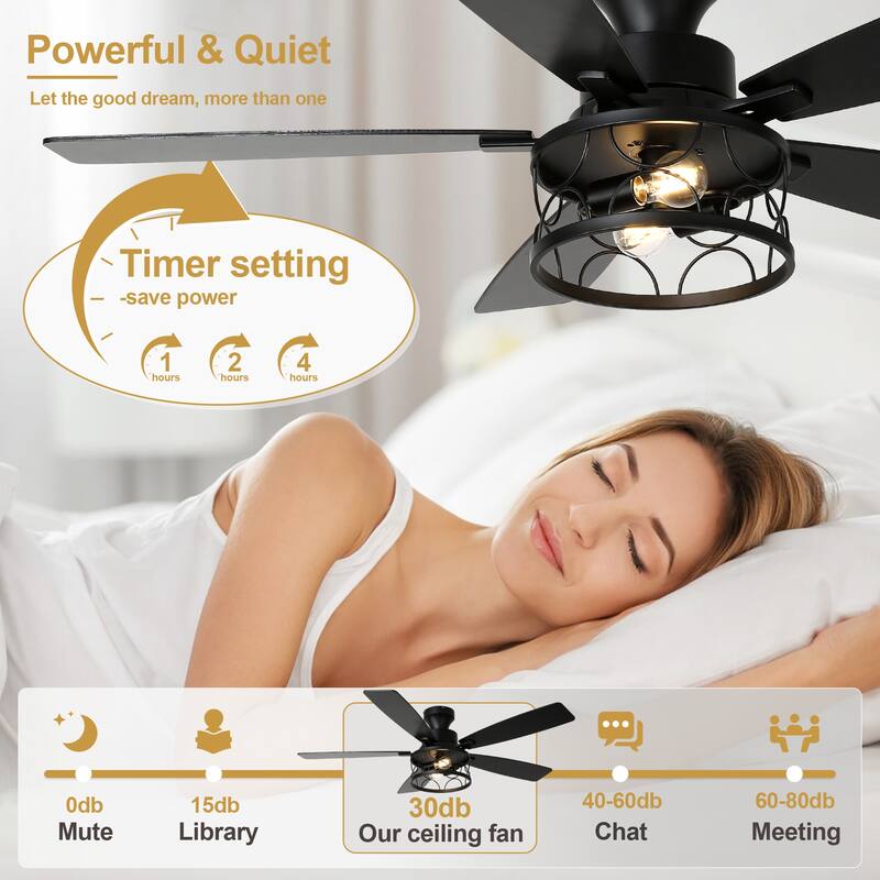 Cusp Barn 52 Inch Farmhouse Flush Mount Ceiling Fan with Lights and Remote, Industrial Low Profile Black Caged Ceiling Fan
