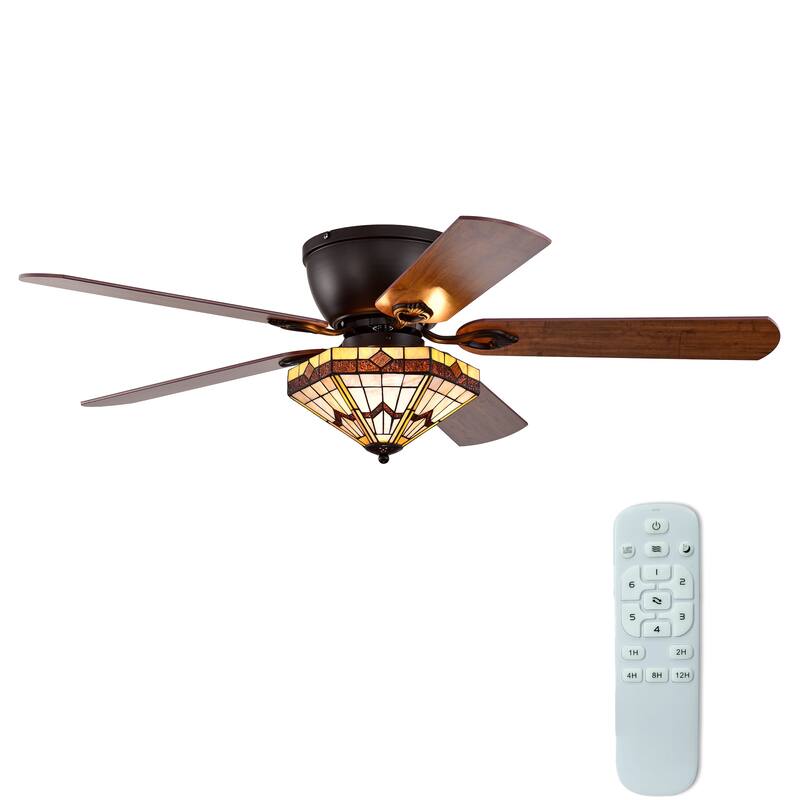 Lymelyn 52-Inch Flushmount Lighted Ceiling Fan Ivory Geometric Tiffany Glass Lamp Black Finish - Ivory