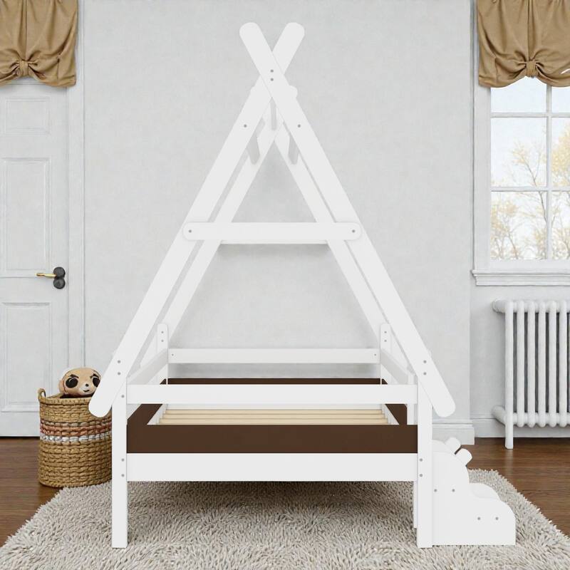 Twin/Full House Platform Bed with Stairs, Solid Wood Low Profile Kids Bed Frame, Fun Playhouse Design for Children