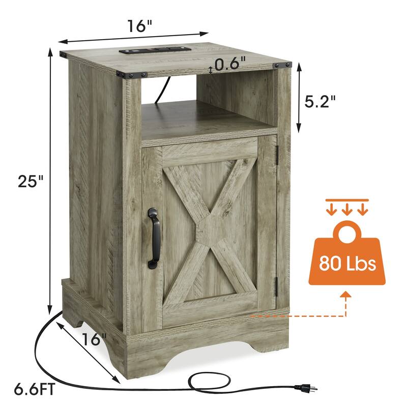 Farmhouse Nightstand Side Table, Wooden Rustic End Table, Tall Bedside Table with Electrical Outlets Charging Station