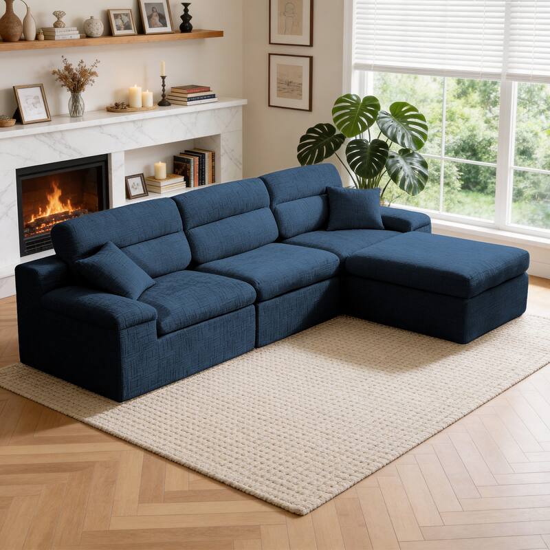 111" L-Shaped Slub Chenille Sofa with High Backrest, No Assembly Required - Dark Blue
