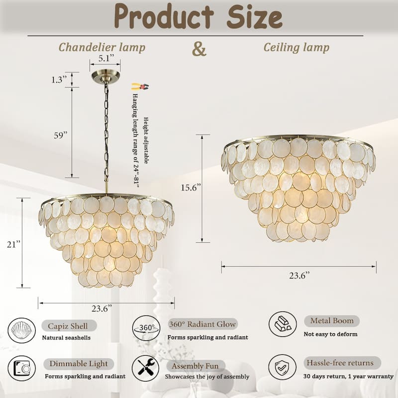 6-Light 24'' Wide Modern Coastal Aged Bronze Natural Capiz Shell Tiered Chandelier Vintage Glam Pendant For Living Room - W24''