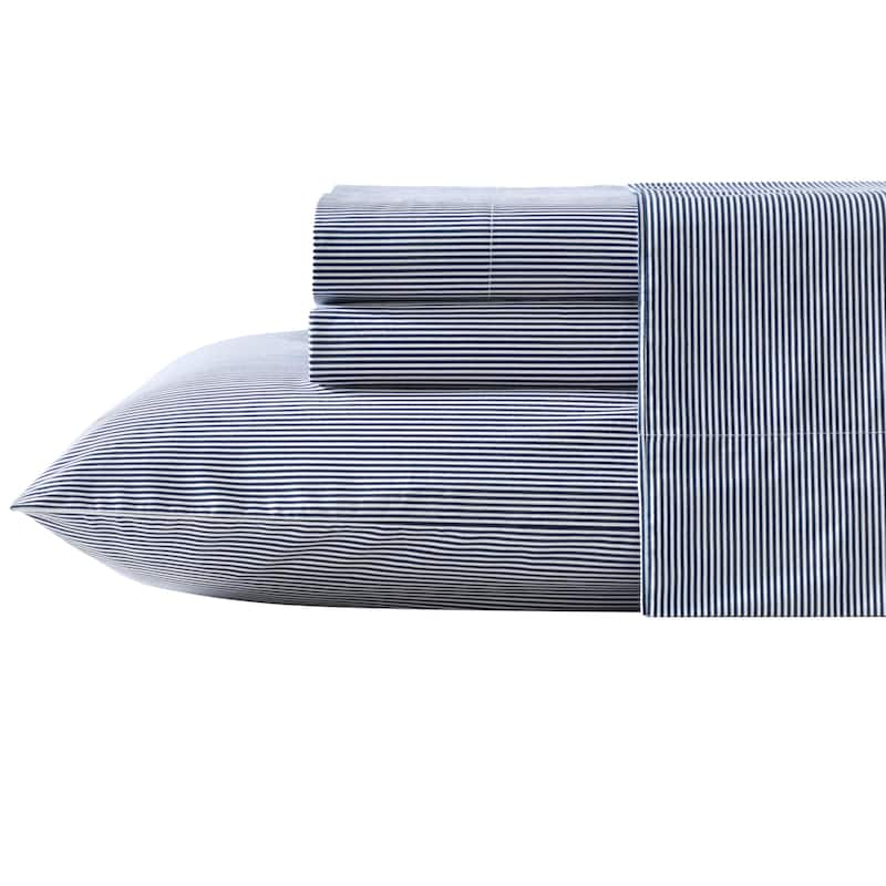 Nautica Cotton Percale Deep Pocket Bed Sheet Sets - King - Penny Pinstripe Navy