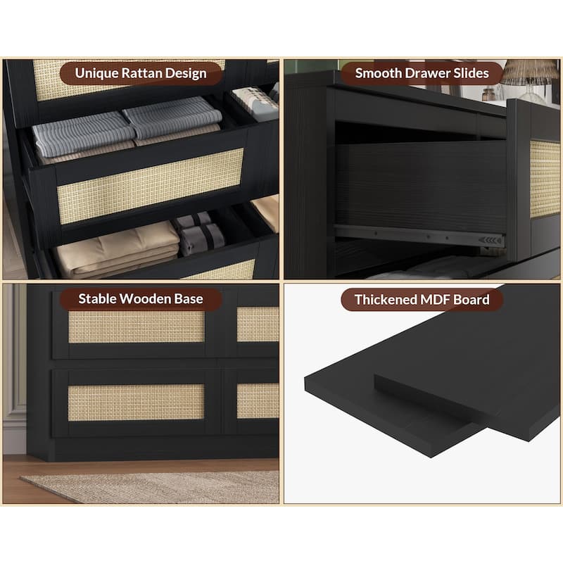 Farmhouse 9-Drawer Dresser with Rattan Accents and Built-In Charging Station, Wooden Storage Cabinet