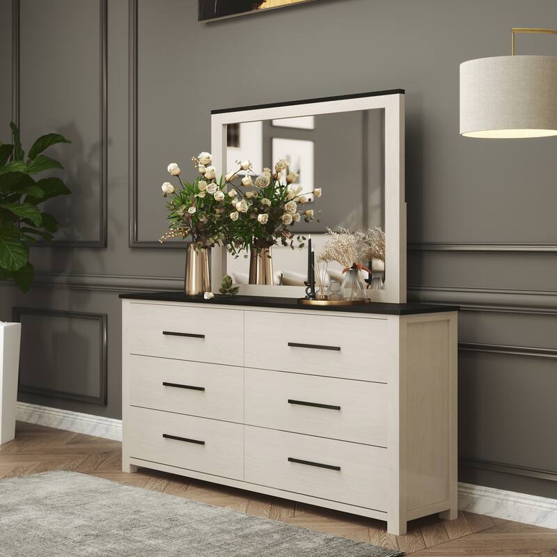 Roundhill Furniture Realynn 5-Piece Wood Bedroom Set, Panel Bed with Dresser, Mirror, Chest, and Nightstand, Off-White Finish