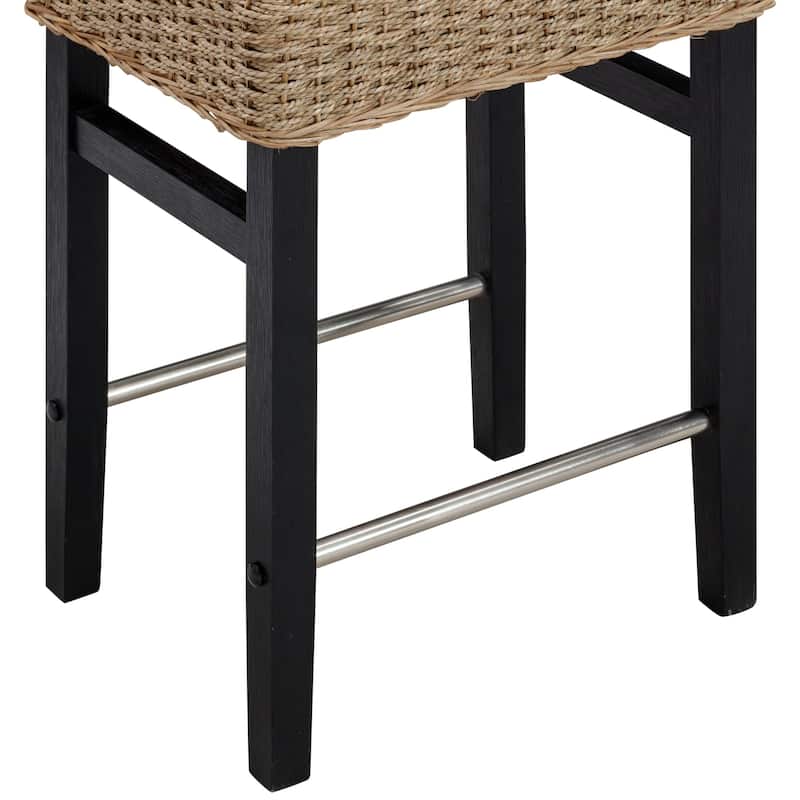Harvey Rattan Bar Stool, Bohemian Counter Height Stool with Woven Seagrass Seat, Solid Wood Legs, and Metal Footrest