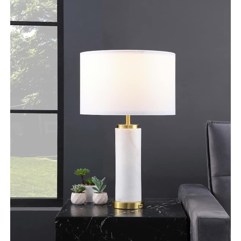 Draco White and Gold Drum Shade Bedside Table Lamp