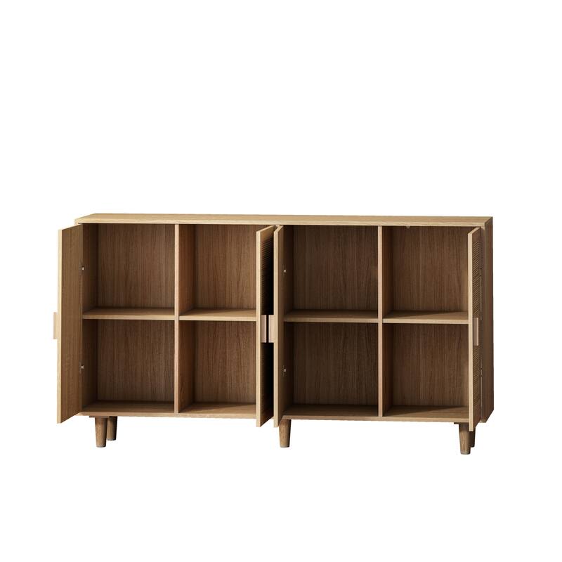 62.20" Modern Rattan Decorative Storage Cabinet with Solid Wood Legs, 4 Doors, Adjustable Shelves Versatile for Home,Office