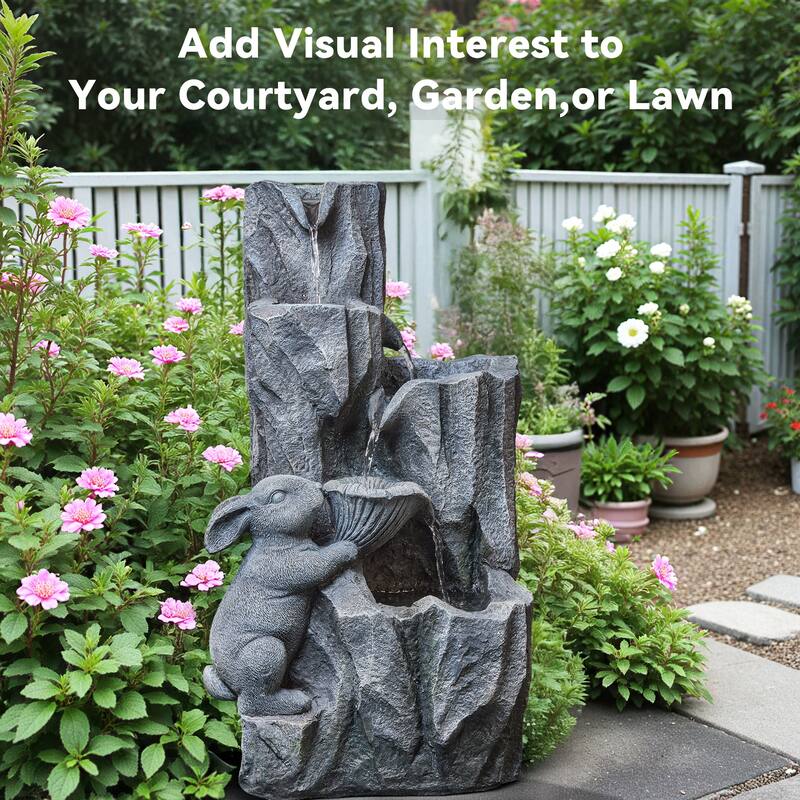 Vbal 5-Tier Polyresin Outdoor Rock Fountain in Imitative Rabbit Statue Shape with LED Lights and Soothing Waterfall