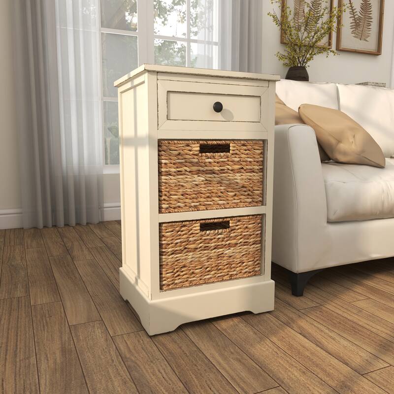 Cream, Teal, White or Brown Wood 2 Baskets and 1 Drawer Storage Unit - 16 x 13 x 28
