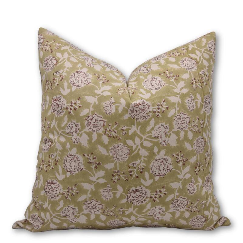 Fabdivine Bohemian Floral Green Pillow Cover Handmade Cotton for Fall Décor Block Print Chair Hotel Bedroom, Pink City - Rameshwaram- Green, Brown - 24" x 24"