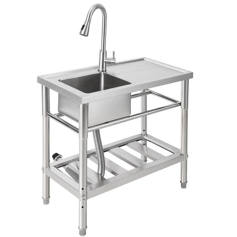 Stainless Steel Outdoor Freestanding Utility Sink With Faucet, Drainboard, And Storage Shelves