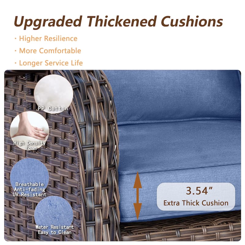 Brown Wicker Outdoor Patio Conversation Sets with Denim Blue Cushions