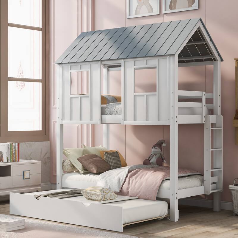 Twin Size House Bunk Bed with Roof and Windows, Space-Saving Design, Solid Wood Kids Bunk Bed Frame with Trundle & Guardrails - White+Grey - Twin
