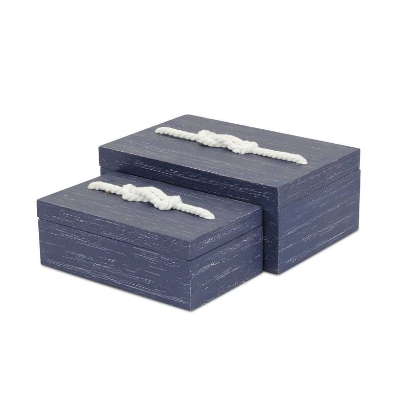 Set of 2 White and Blue Rectangular Storage Boxes 11.75"