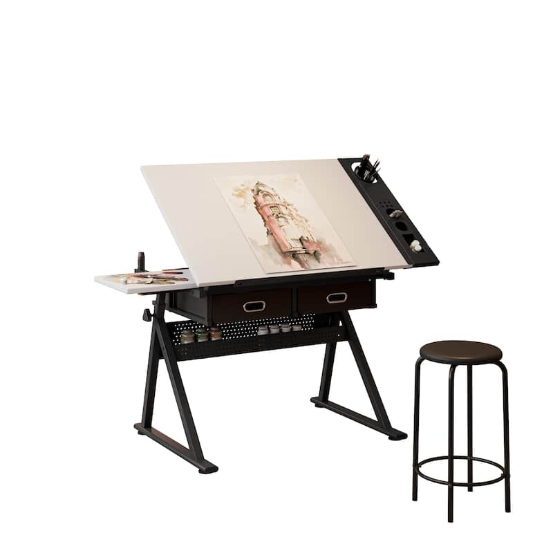 Adjustable drawing drafting table desk with 2 drawers for home office and school with stool