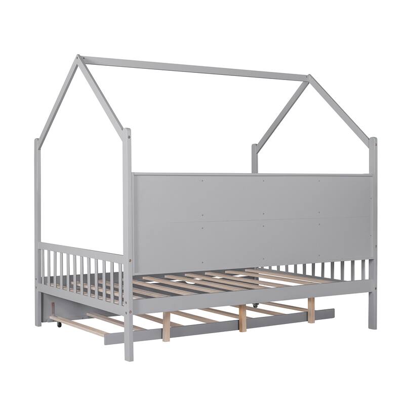 Pine House Bed with Trundle & Storage Shelf