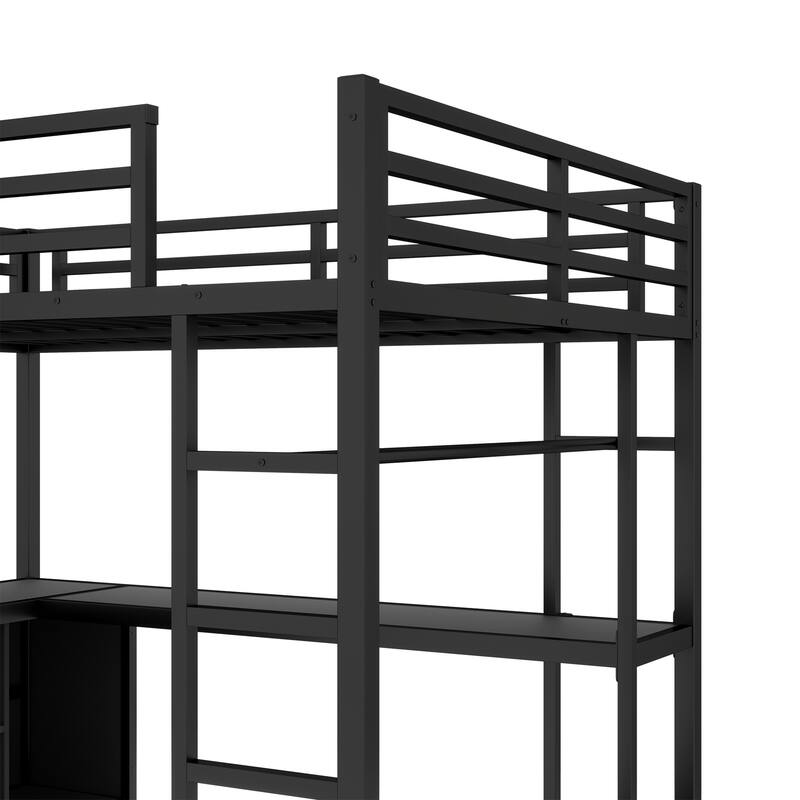 Roomfitters Full Size Metal Loft Bed with Wardrobe & L-Shaped Desk, Storage Cubes & Shelves, Space-Saving Design, Black
