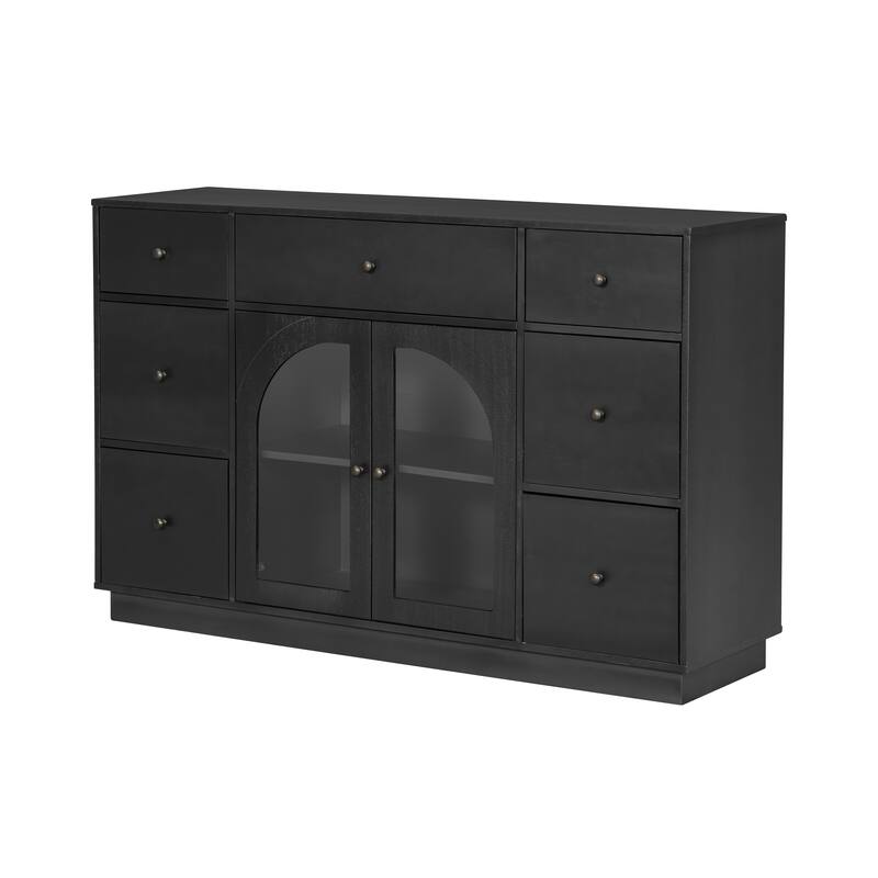 Cabinet with 2 Doors & 7 Drawers, Multi-Functional Wood Storage Cabinet, Entryway Accent Cabinet with Adjustable Shelves