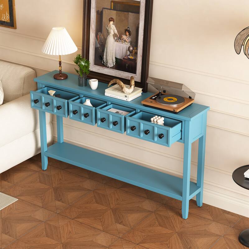Entryway Console Table 60" Long Solid Wood Sofa Table Accent Tables with 4 Storage Drawers and Bottom Shelf for Living Room