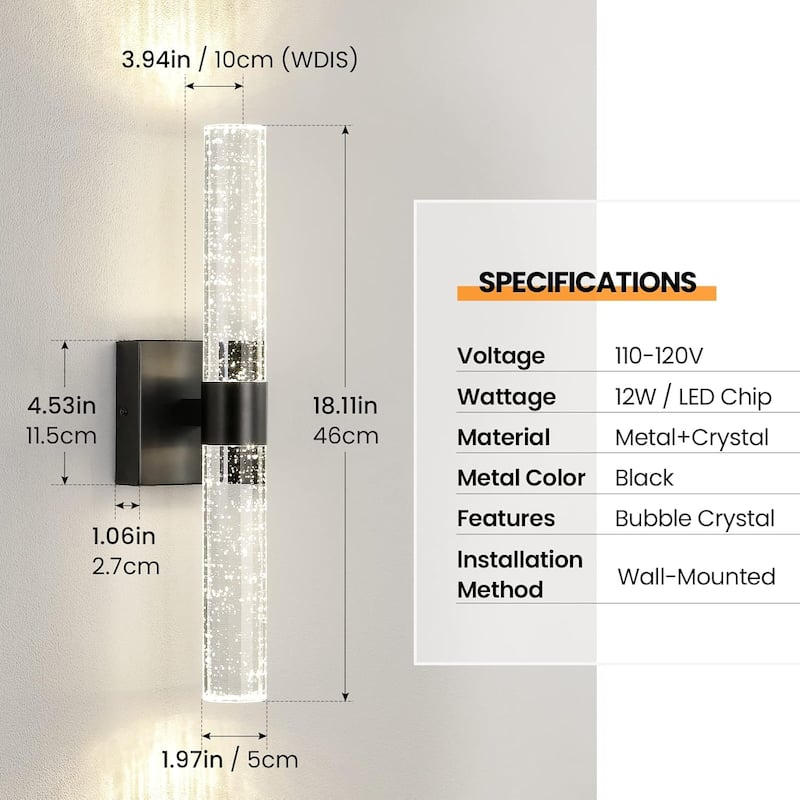 Led vanity light black wall light metal, crystal kitchen light