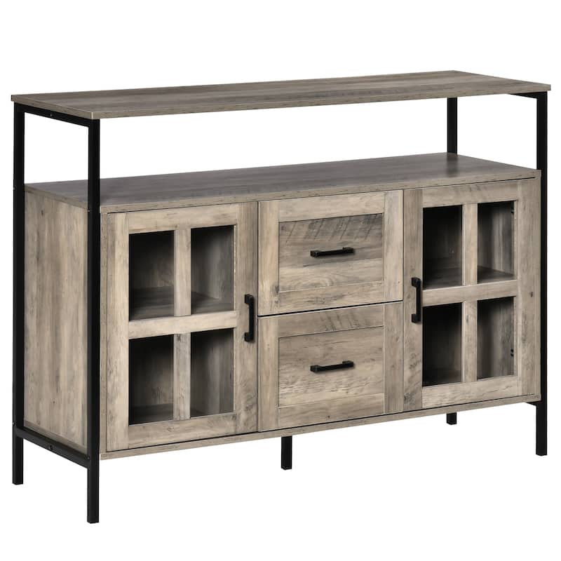 Industrial Sideboard Buffet Cabinet, Kitchen Cabinet, Coffee Bar Cabinet with Adjustable Shelves, Glass Doors, and 2 Drawers
