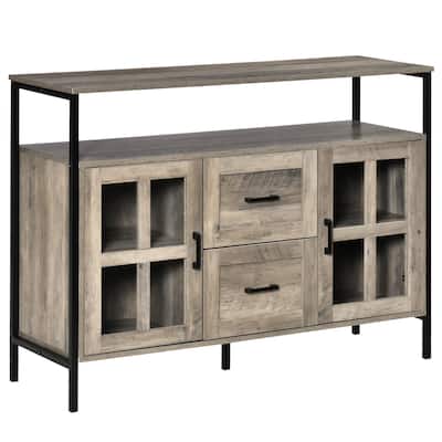 Industrial Sideboard Buffet Cabinet, Kitchen Cabinet, Coffee Bar Cabinet with Adjustable Shelves, Glass Doors, and 2 Drawers