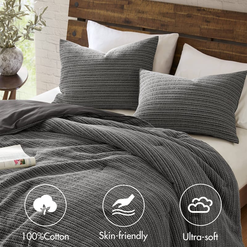 GDF Studio - Rowena Waffle Washed Cotton 3-Piece Comforter Set with Soft Textured Design