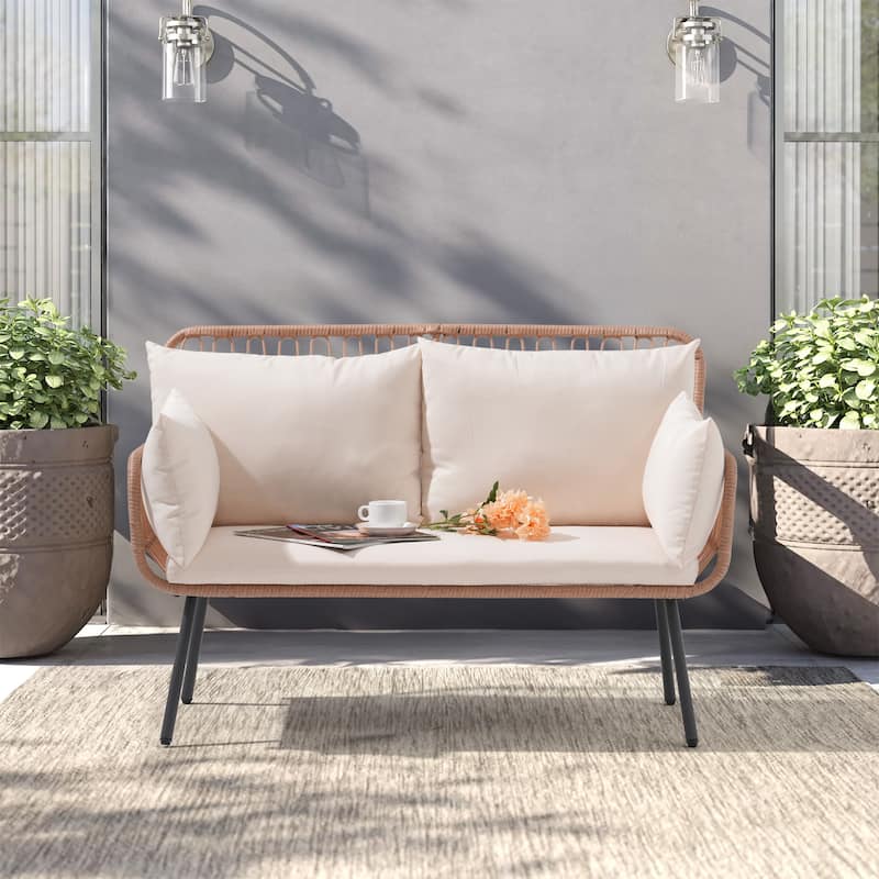 Outdoor Wicker Double Chair with Cushions Conversation Furniture Set