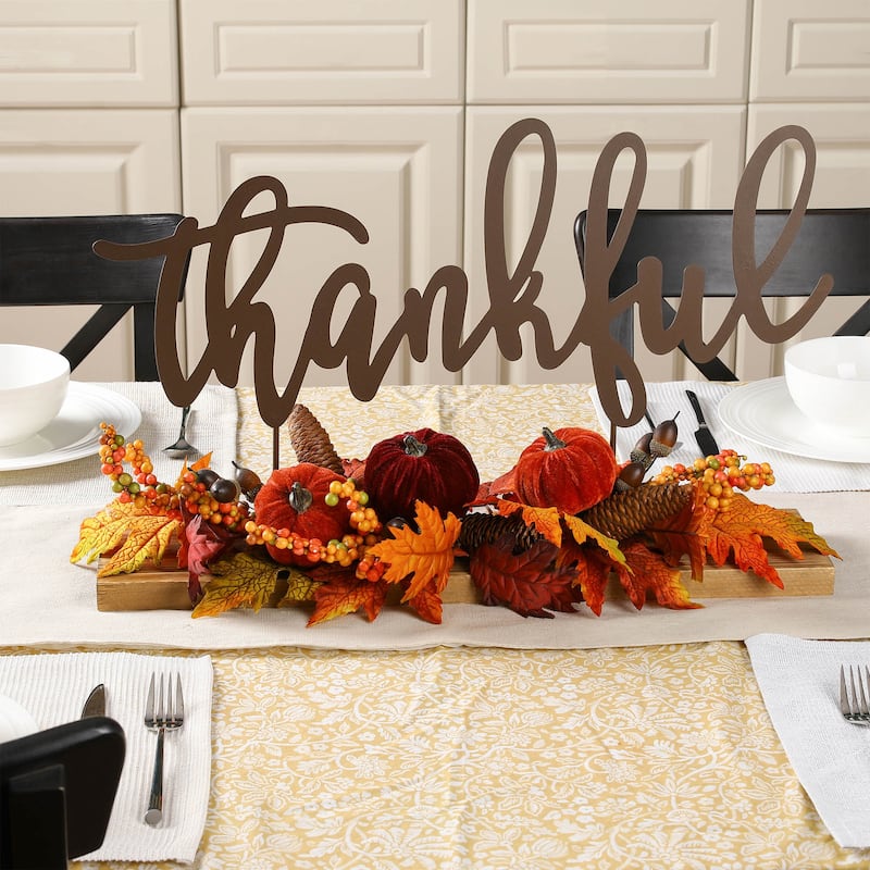 Glitzhome Thankful Metal Sign Floral Center Piece Fall Harvest Thanksgiving Table Decor