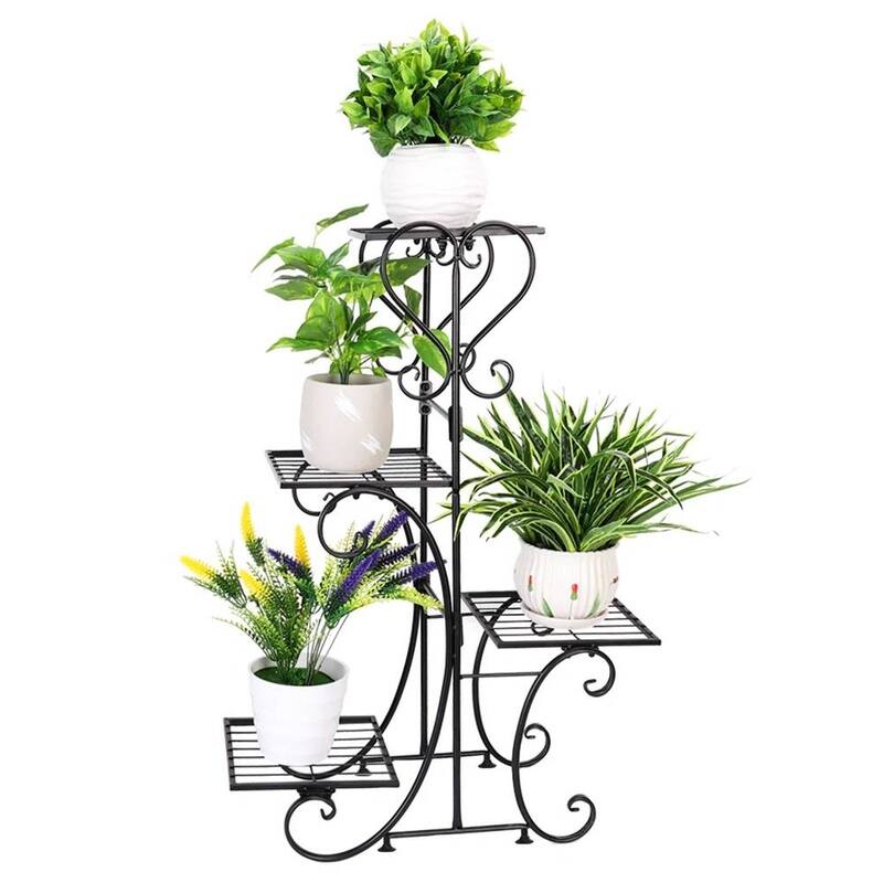 Black Metal 4-Tier Plant Stand Rectangle Shelf Pedestal Indoor Outdoor Durable - 19.6” L x 9.8” W x 34.2” H - Black