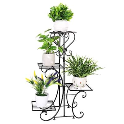 Black Metal 4-Tier Plant Stand Rectangle Shelf Pedestal Indoor Outdoor Durable - 19.6” L x 9.8” W x 34.2” H
