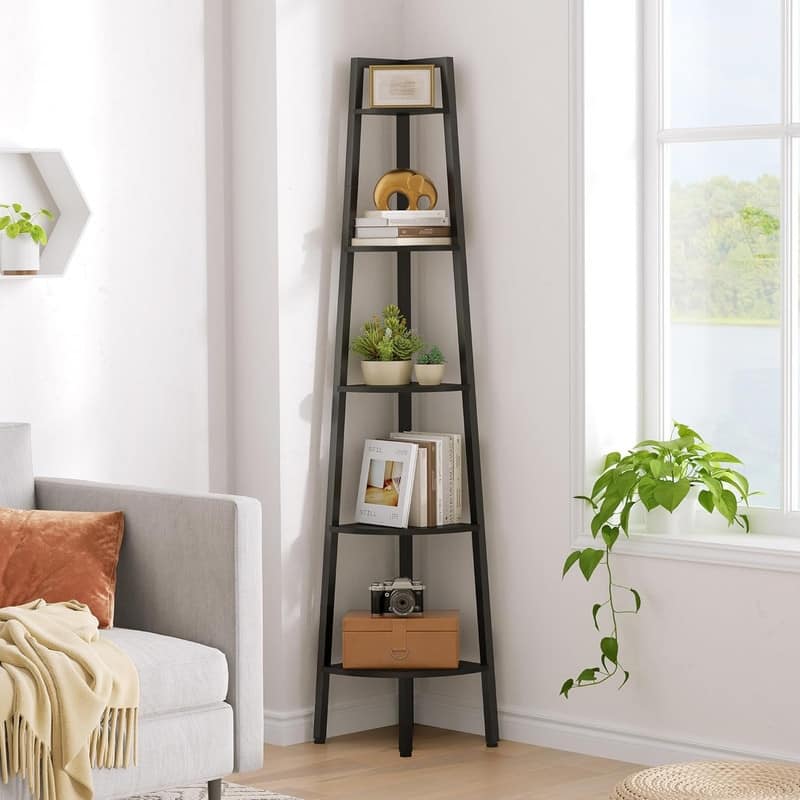5-Tier Corner Bookshelf, Rustic Ladder Shelf -  Black