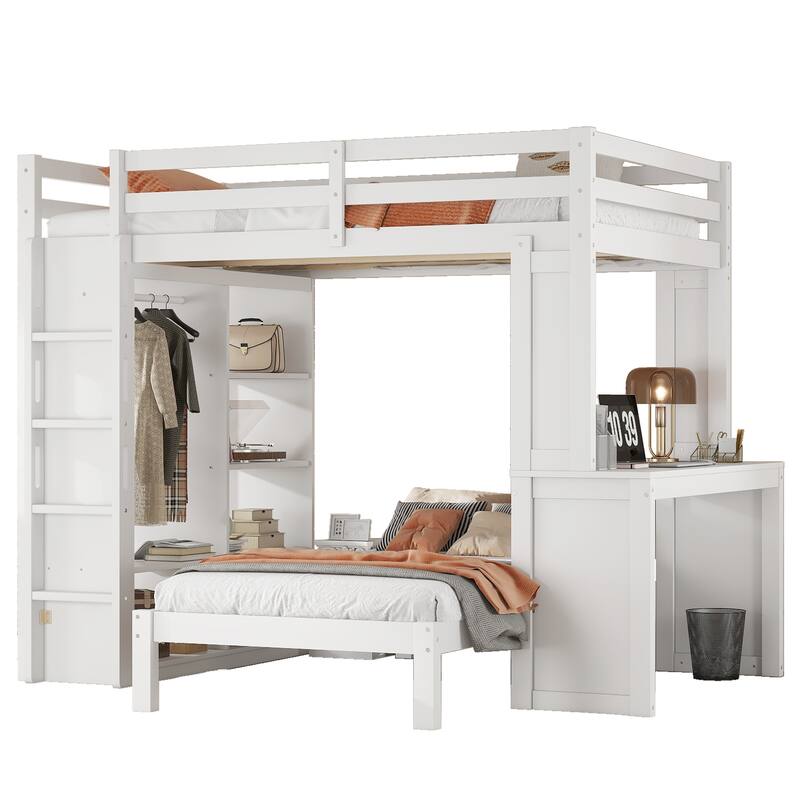 Solid Wood Full XL/Twin Bunk Bed with Dismountable Lower Bed, Built-in Desk, Shelves, and Wardrobe, Converts to Loft Bed, White