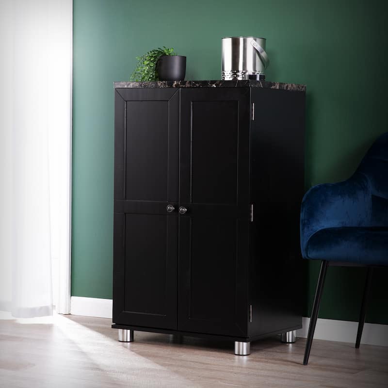 SEI Furniture Cornelia Black Wine Bar Cabinet with Faux Marble Top