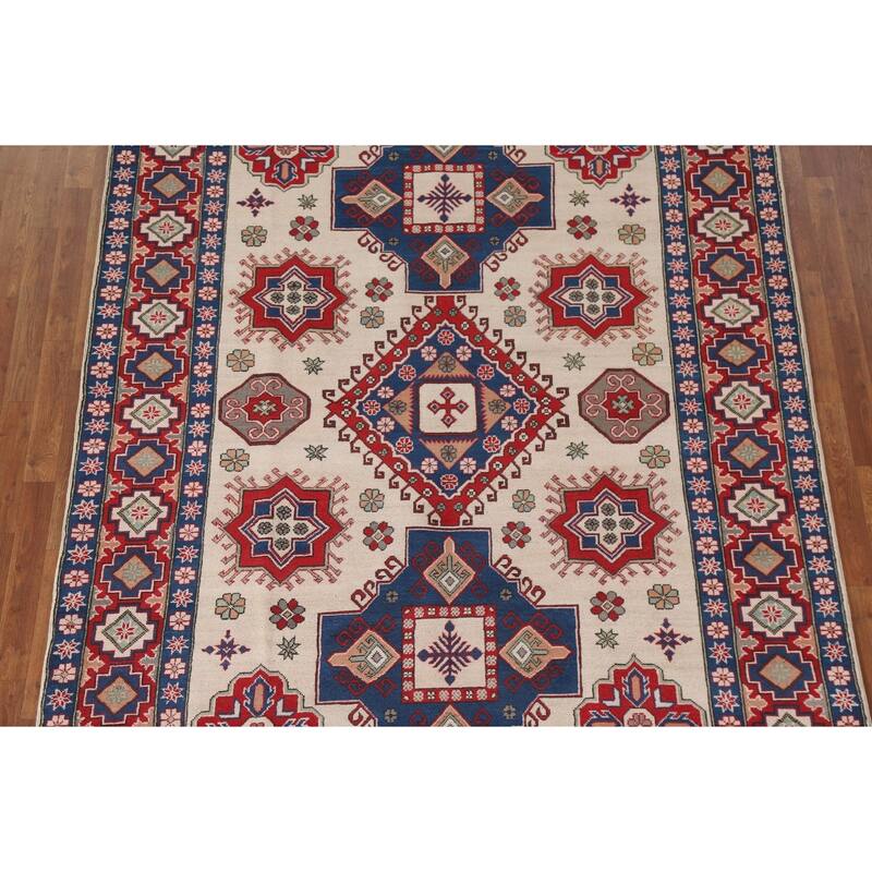 Hand Knotted Oriental 100% Wool Carpet Traditional Geometric Beige & Ivories Kazak Area Rug - 9' 7'' X 6' 7''