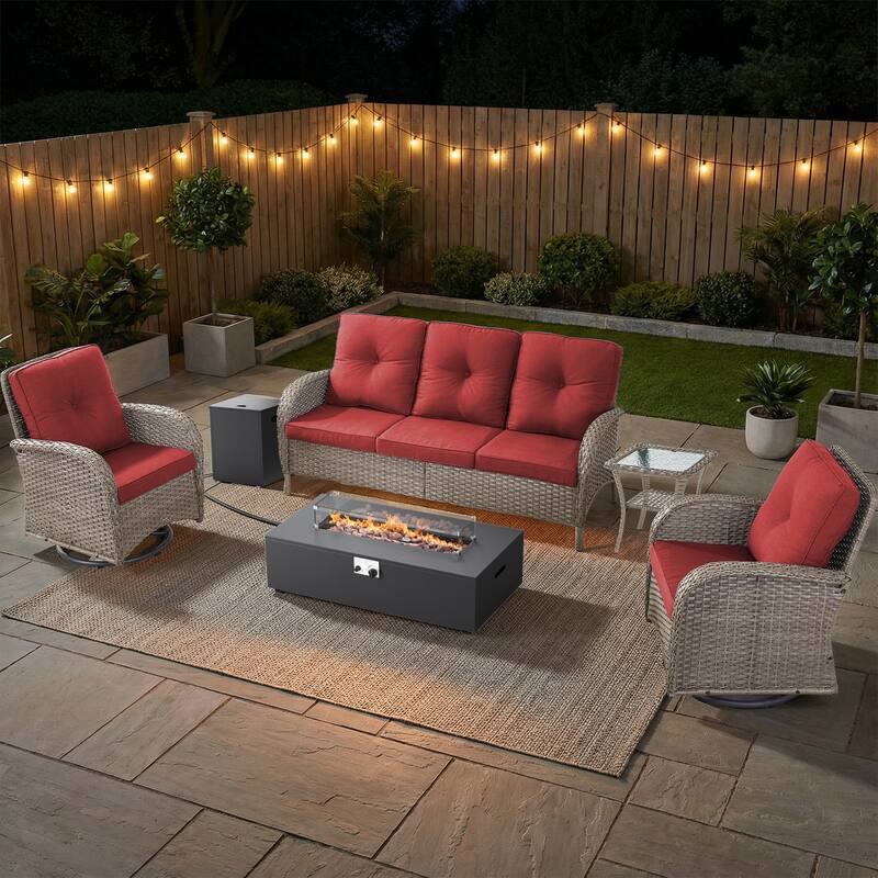 Pocassy Outdoor 5-Piece Sofa Swivel Chair with Fire Pit Table - Gray Wicker Red Cushion - 5-Piece Sofa Swivel Chair with Fire Pit Table