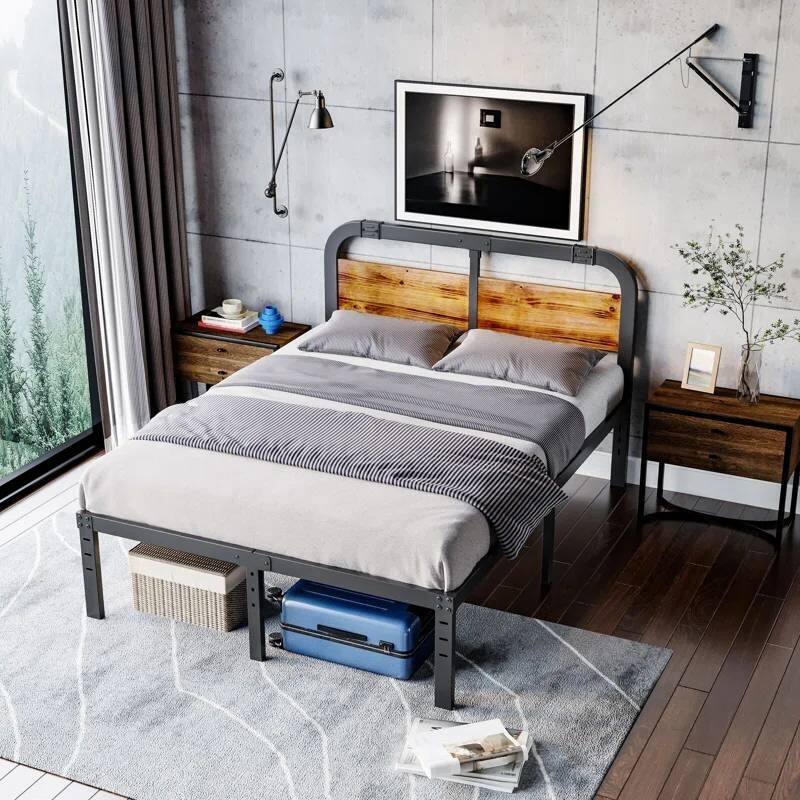 Black Metal Platform Bed Frame with Rustic Wood Headboard and Strong Steel Slats Under Bed Storage - Full